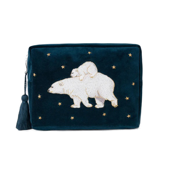Elizabeth Scarlett Polar Bear Ink Blue Velvet Wash Bag
