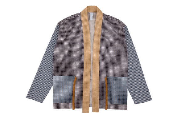 Shawl Lapel Kimono Shirt Checkerboard Mix