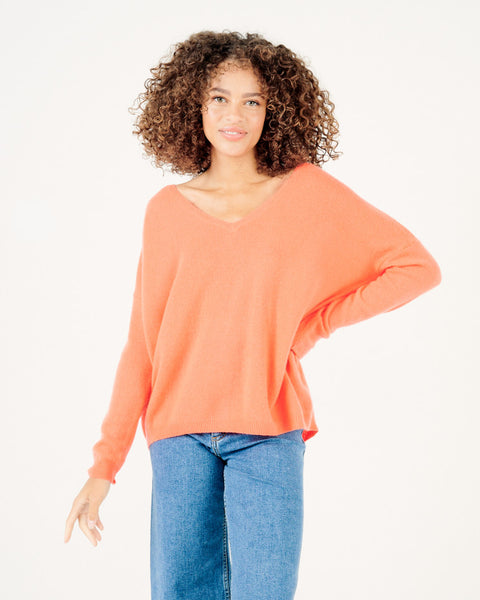 Angèle 100% Cashmere Oversized V-neck Sweater - Neon Coral