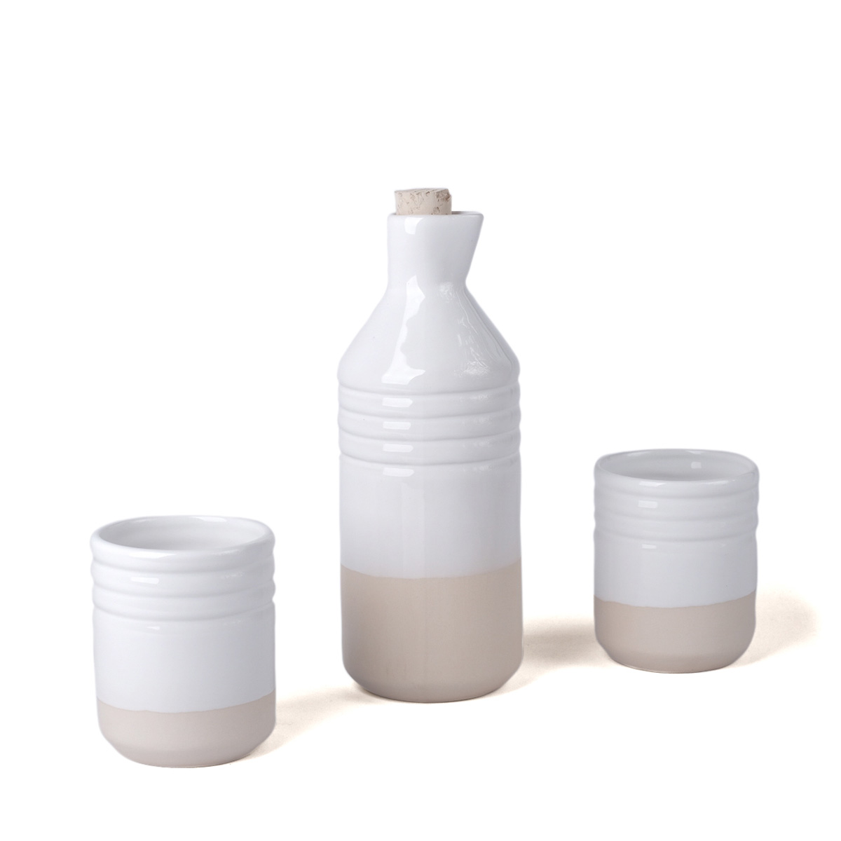 Set of Glasses and Stoneware Bottle Glazed white