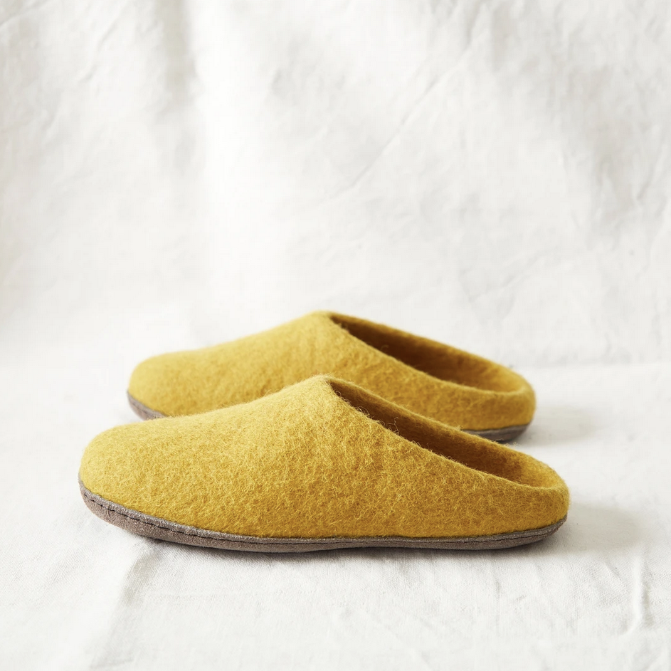 Aura Que Handmade Eco Felt Mule Slippers Suede Sole | Mustard Yellow