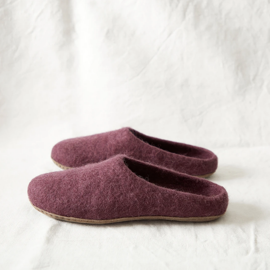 Aura Que Handmade Eco Felt Mule Slippers Suede Sole | Plum Purple