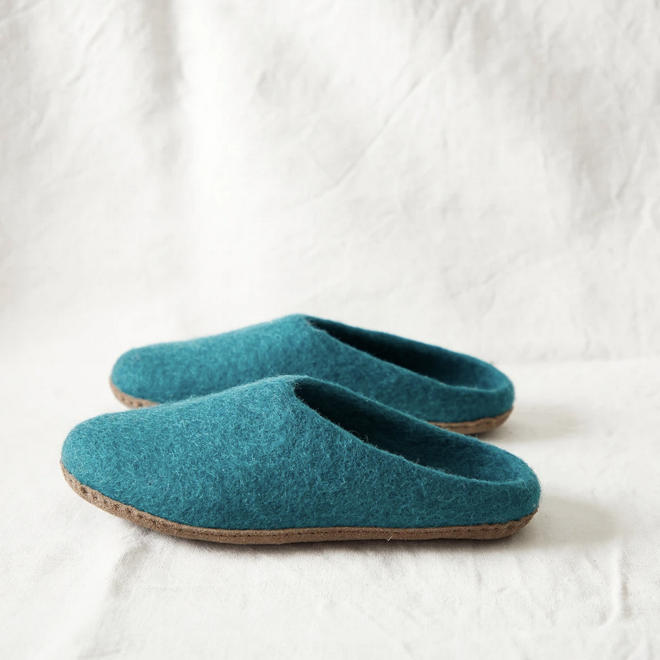Aura Que Handmade Eco Felt Mule Slippers Suede Sole | Teal Green