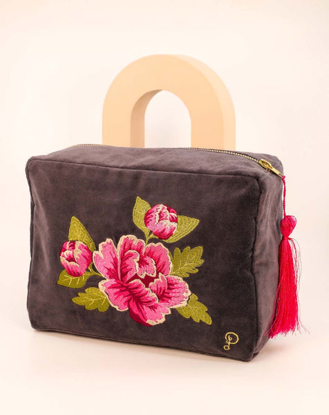 Lilac Rose Powder Painted Peony Velvet Wash Bag In Charcoal