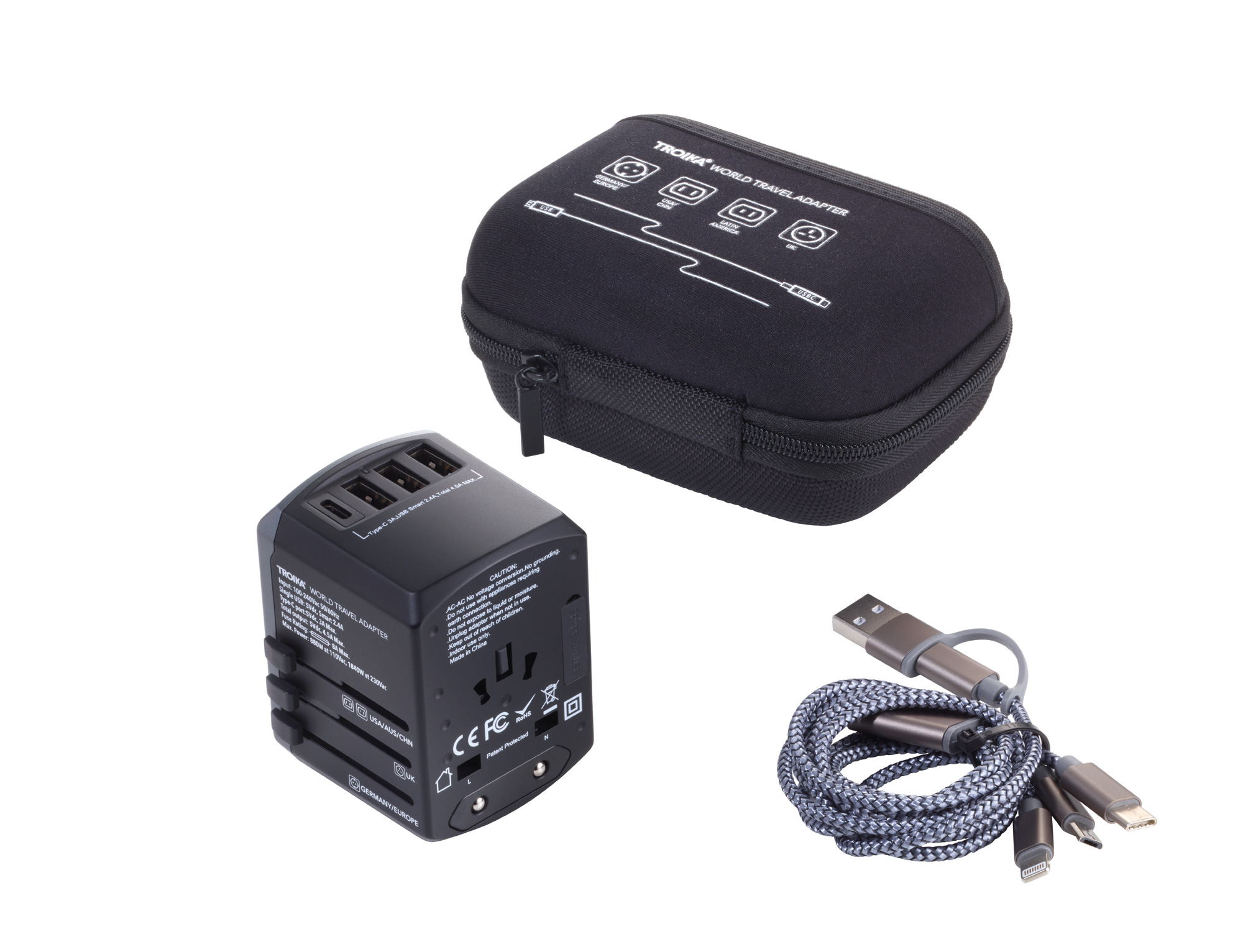 Travel Adapter Set consisting of: universal socket adapter 3 in 1 charging cable and storage case