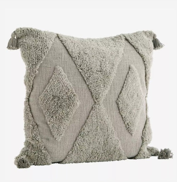 Light Grey Tufted Cushion with Tassels