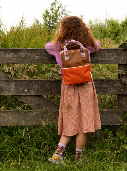 Small Colour Block Recycled Backpack In Orange Juice/ Plum/ Schoolbus Brown