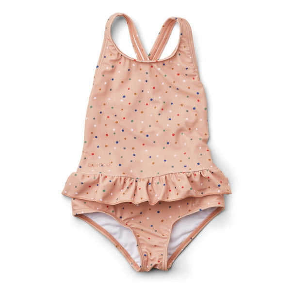 Amara Frilled Cross-back Swimsuit In Confetti/pale Tuscany