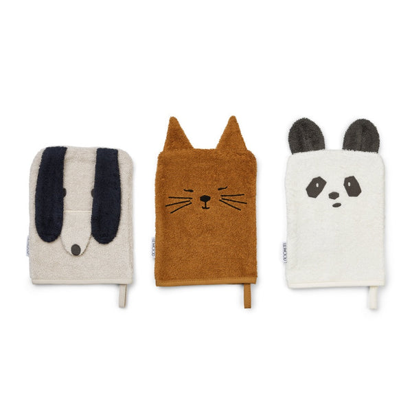 Sylvester Set Of 3 Organic Cotton Wash Mitts In Animal Mix