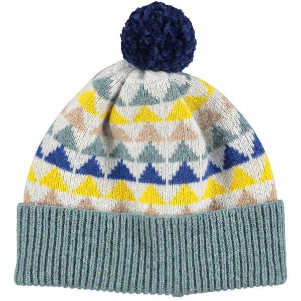 Sea Green & Grey Triangles Bobble Hat With Marine Pom