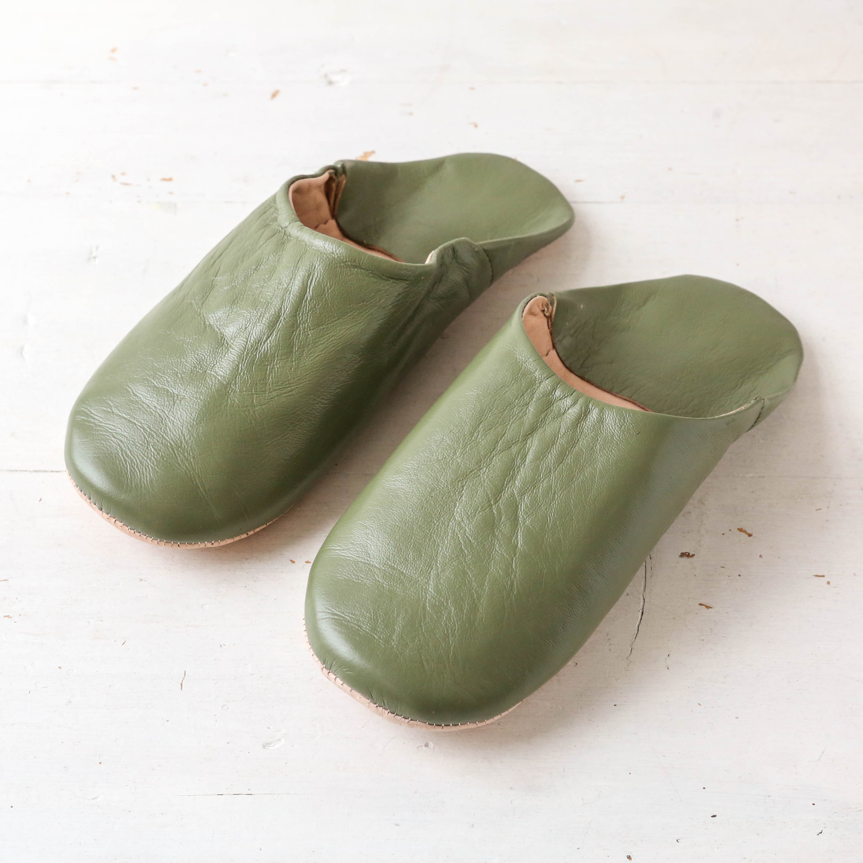 Bohemia Moroccan Leather Babouche Slippers - Olive