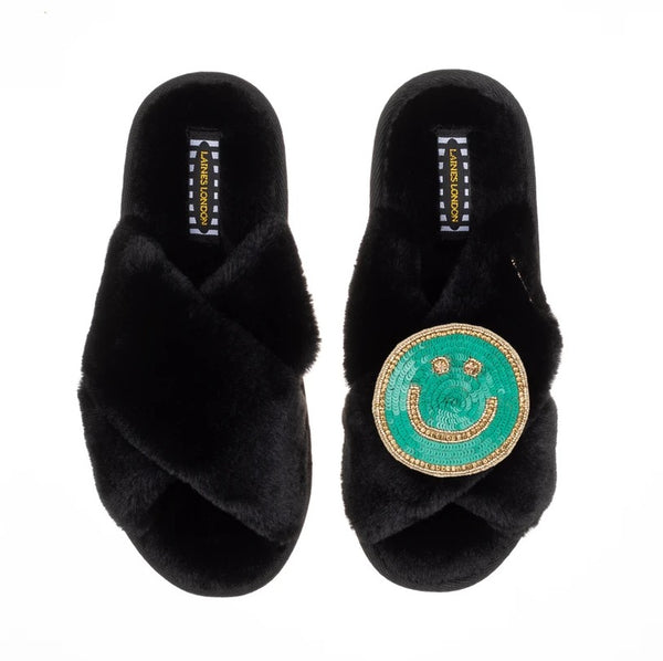 Black Slippers - Emerald Green Smiley