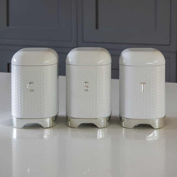 Distinctly Living Set Of 3 Sugar, Coffee, Tea Canisters / Caddies Hex Design - White, Blue Or Silver Grey