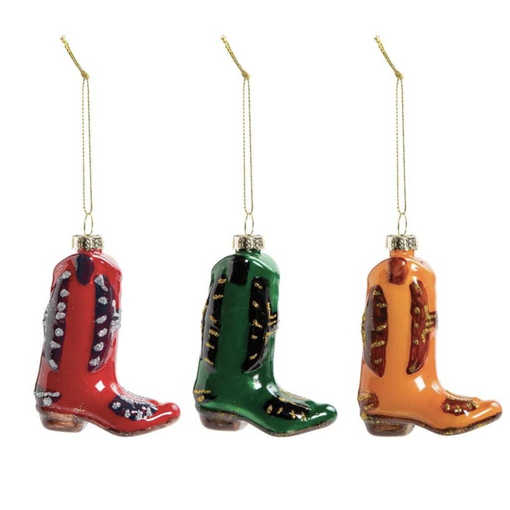 Set Of Three Cowboy Boots Christmas Baubles