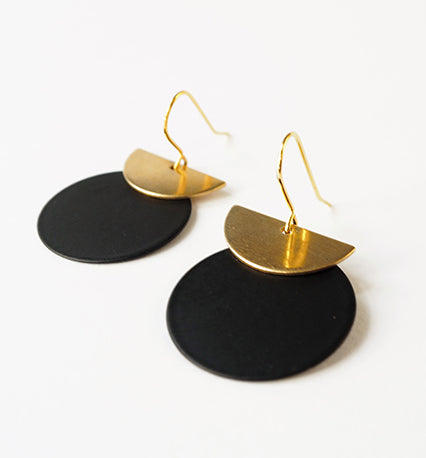 BRASS + BOLD Brass Crescent + Black Disc Earrings