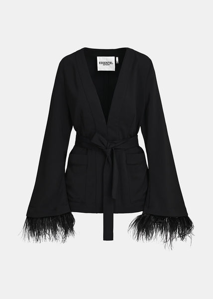 Black Belted Viscose-satin Jacket With Ostrich Feather Fringe