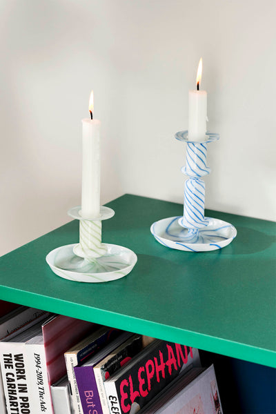 HAY Flare Medium Glass Candle Holder - Stripe Milk Blue
