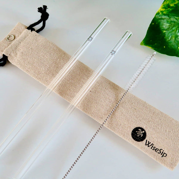 WiseSip Regular Glass Straw Set with Organic Jute Travel Pouch