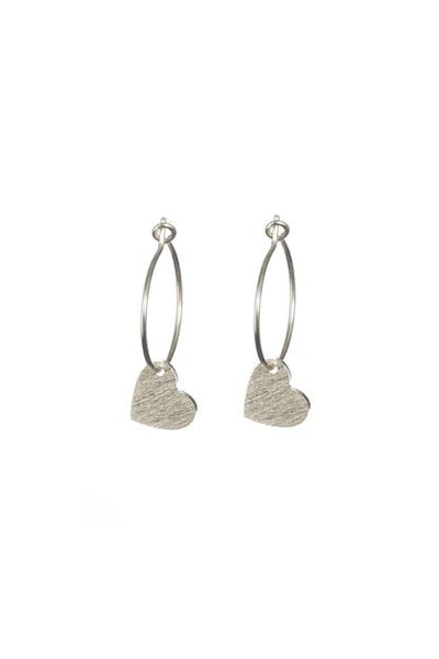 Brushed Heart Charm Silver Hoop Earrings