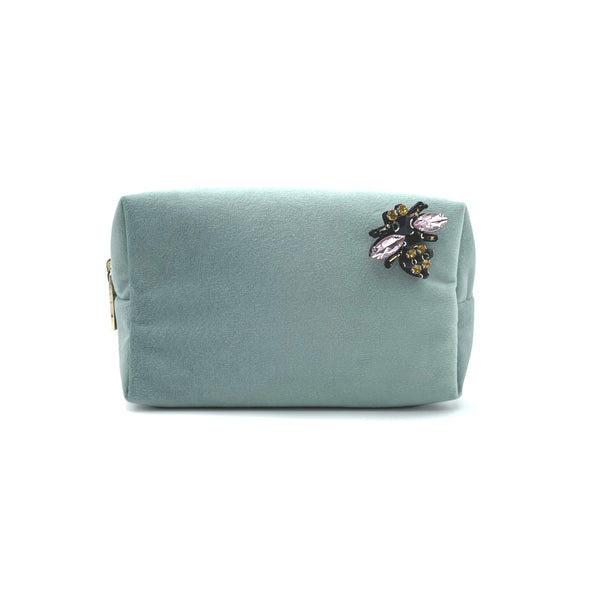 Medium Recycled Velvet Make-up Bag With Bee Pin In Sea Green