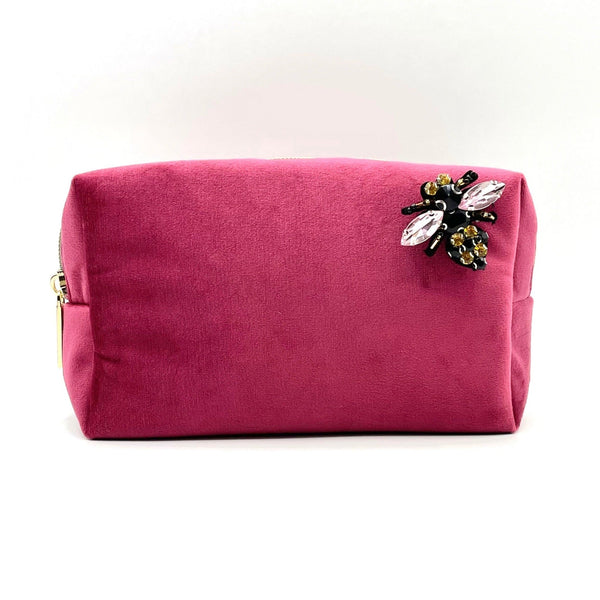 Large Velvet Make-up Bag With Bee Pin In Fuchsia