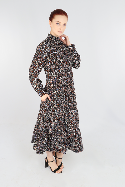 Navy Blue Brown Abstract Leopard Print Ruffle Grandad Collar Tiered Dress