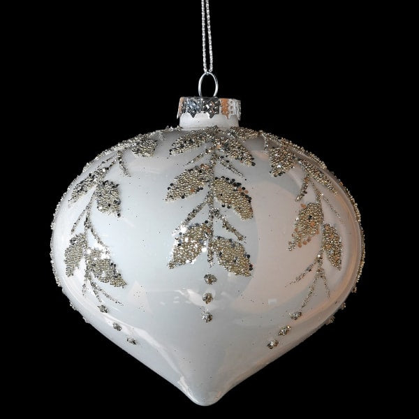 White Onion W Beaded Leaves Christmas Bauble Decoration