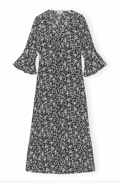 Printed Crepe U-neck Long Dress - Black