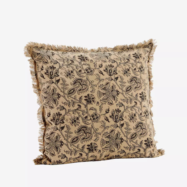 Madam Stoltz Printed Cushion Cover with Fringes - Camel, Black & Grey 