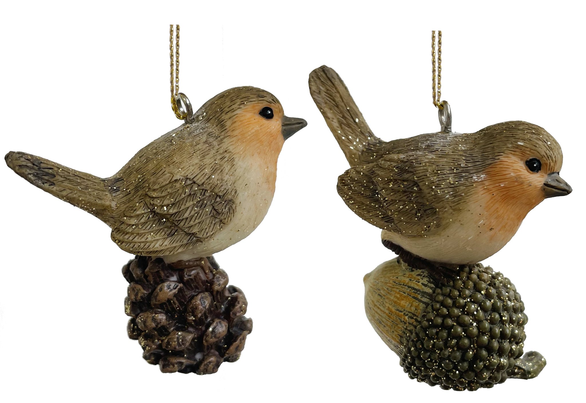 Shishi Bird Ornament with Cone/Acorn Set 2 