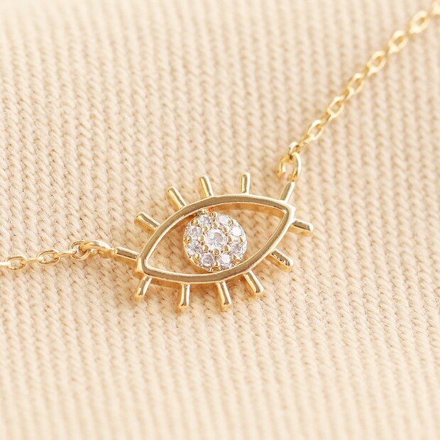 Gold Crystal Eye with Eyelashes Necklace