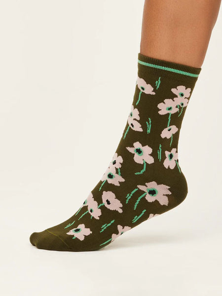 Summer Poppies Socks - Olive Green