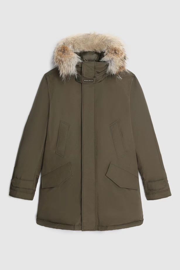 Woolrich Polar Parka In Ramar With High Collar And Fur Trim Dark Green