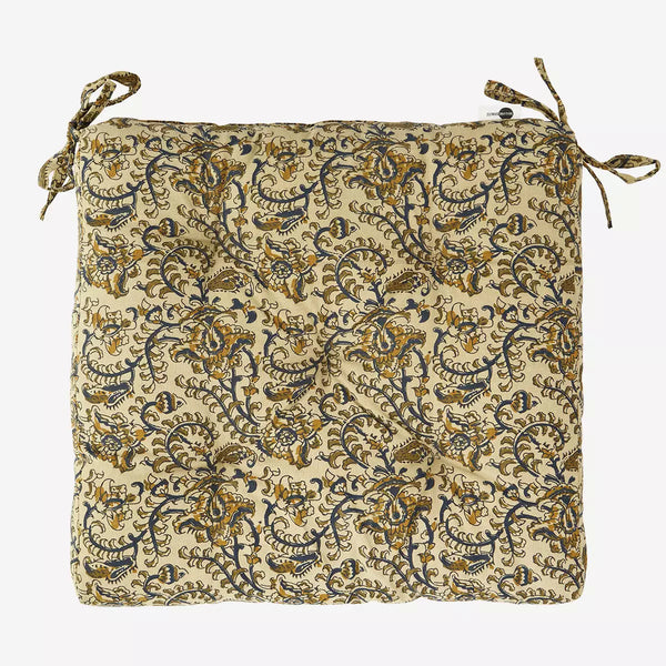 Beige Blue Olive and Mustard Printed Cotton Chair Pad