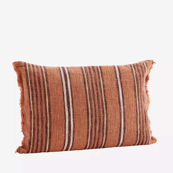 Striped Cushion Cover With Fringes - Brick Burgundy Off White & Sand