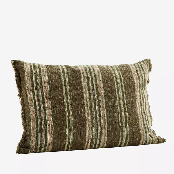 Moss Green Ecru Off White & Peach Striped Cushion Cover with Fringes