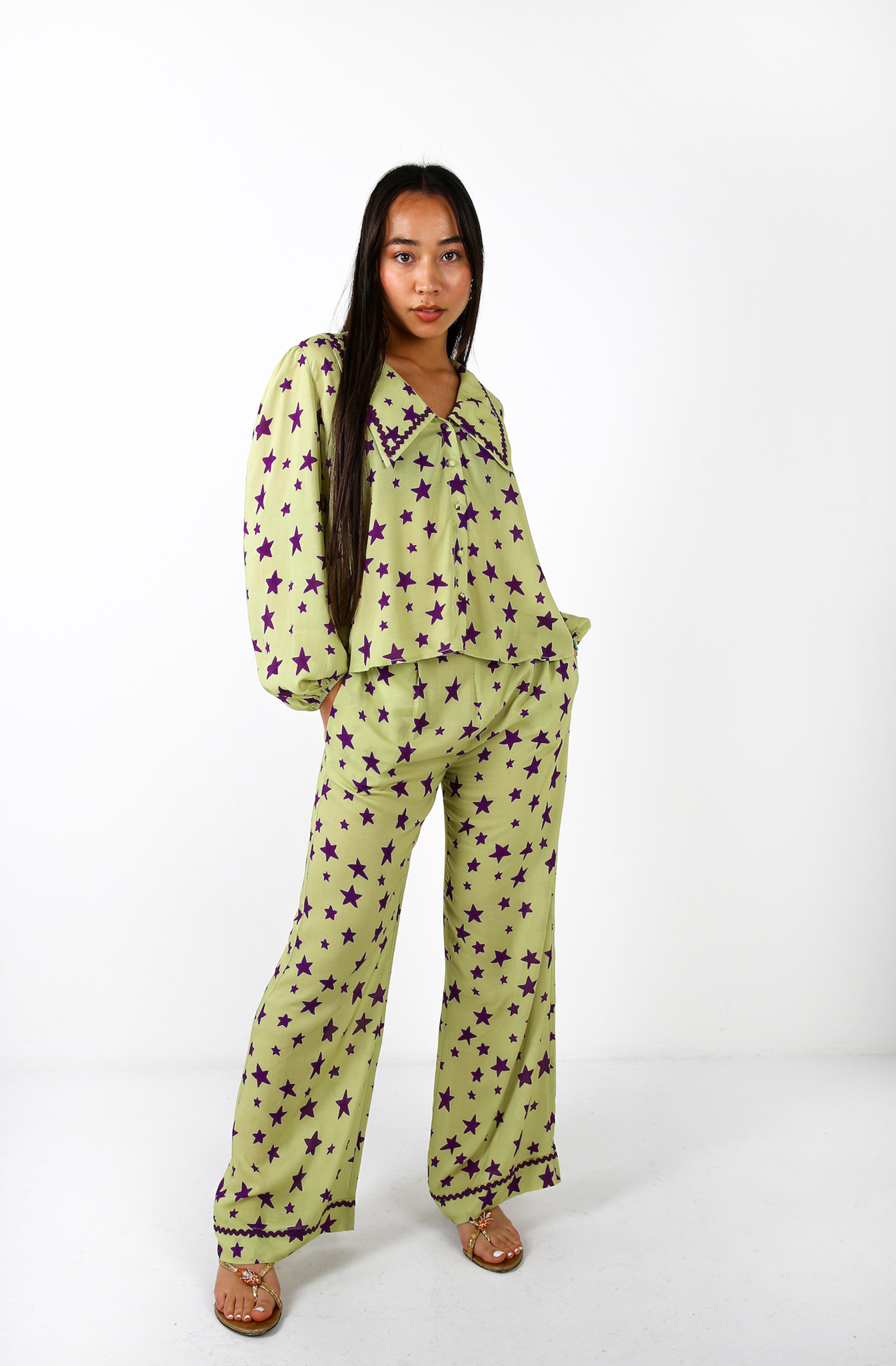 Frenchie Wobbly Star Green Night Suit