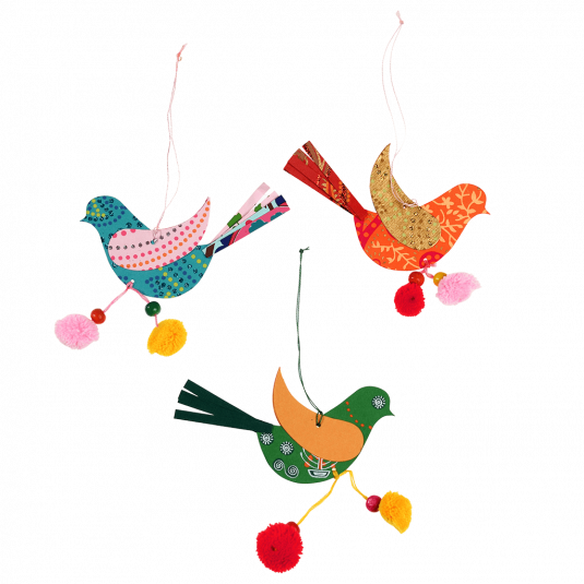 Set of 3 Hanging Paper Bird Decorations With Pom Poms