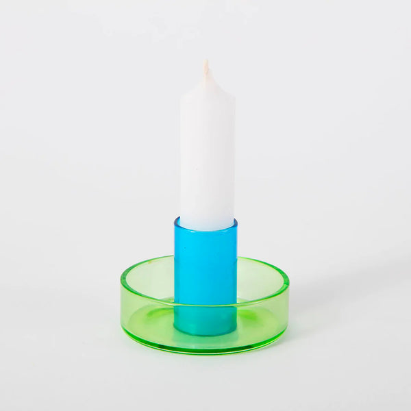 Block Design Duo Tone Glass Candle Holder - Green & Blue