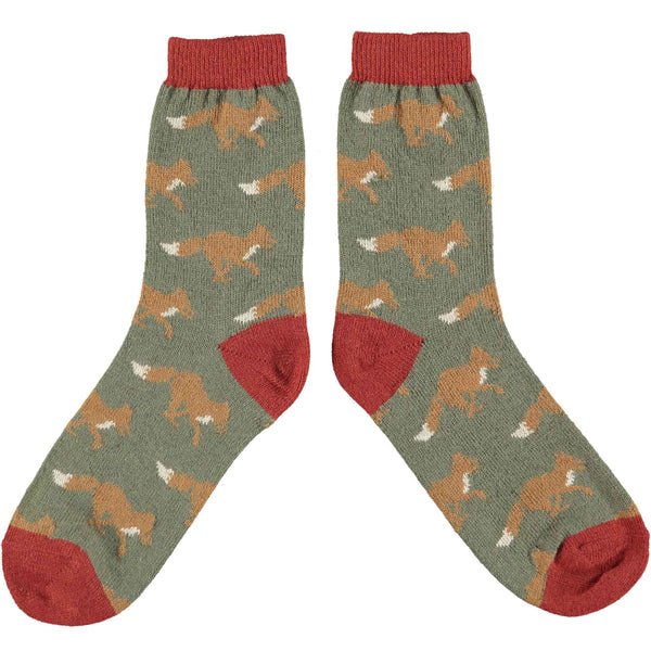 Ladies Lambswool Socks - Dark Green Fox