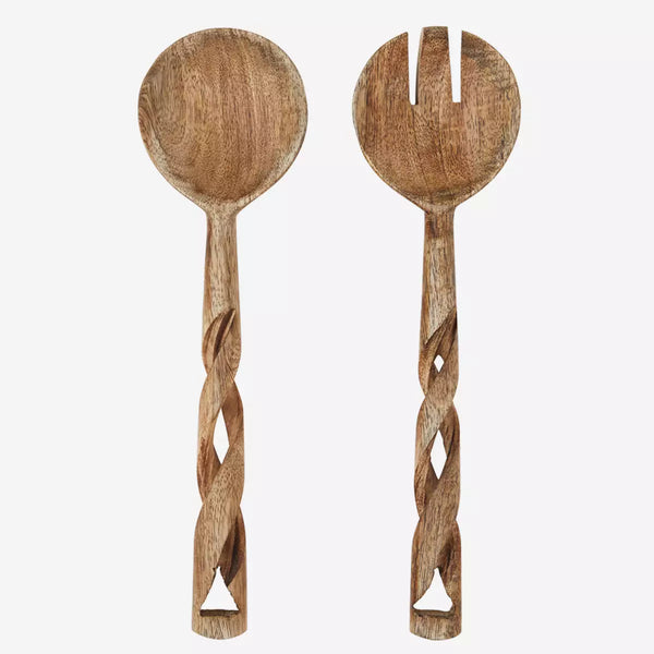 Madam Stoltz Wooden Salad Servers with Twisted Handles