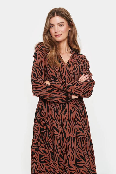 Eda Zebra Print Dress - Chocolate Brown