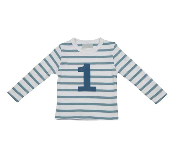 Bob and Blossom - Ocean Blue & White Breton Striped Number T Shirt