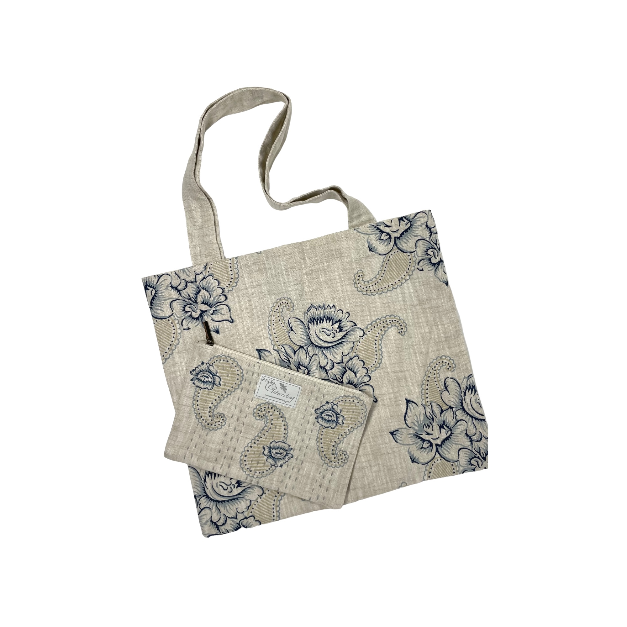 Pale & Interesting Set of Roses and Paisley  Tote and Kantha Anything Bag in Natural Chambray