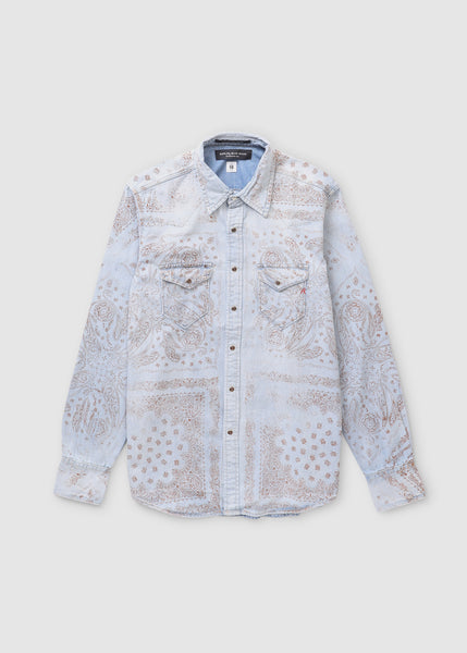 Superlight Blue Mens Paisley Print Denim Western Shirt