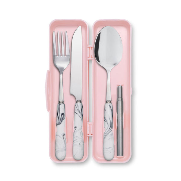 Travel Cutlery White Marble/pink Box