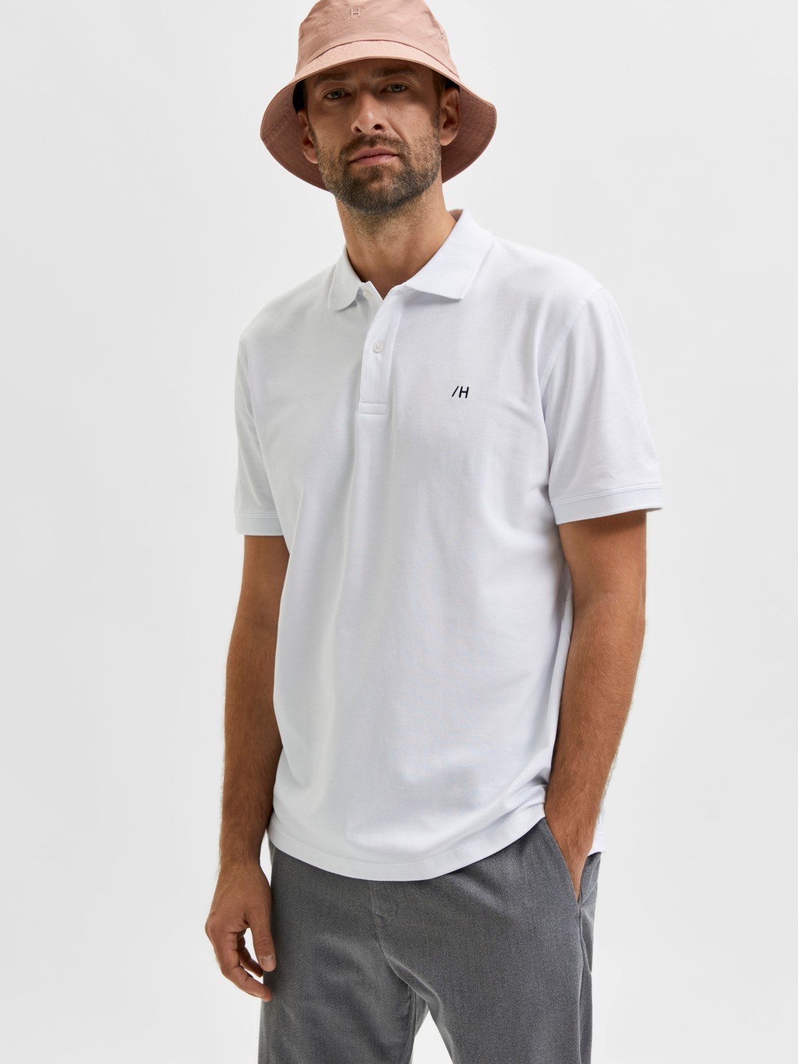 Selected Homme Polo Blanc Avec Broderie Noire