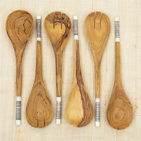 Olive Wood Striped Salad Servers