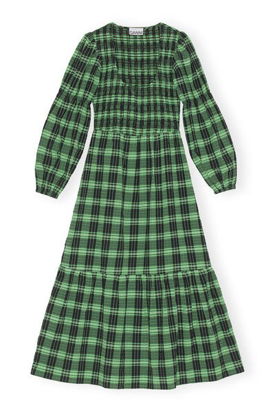 Seersucker Check U-neck Maxi Dress - Green And Black