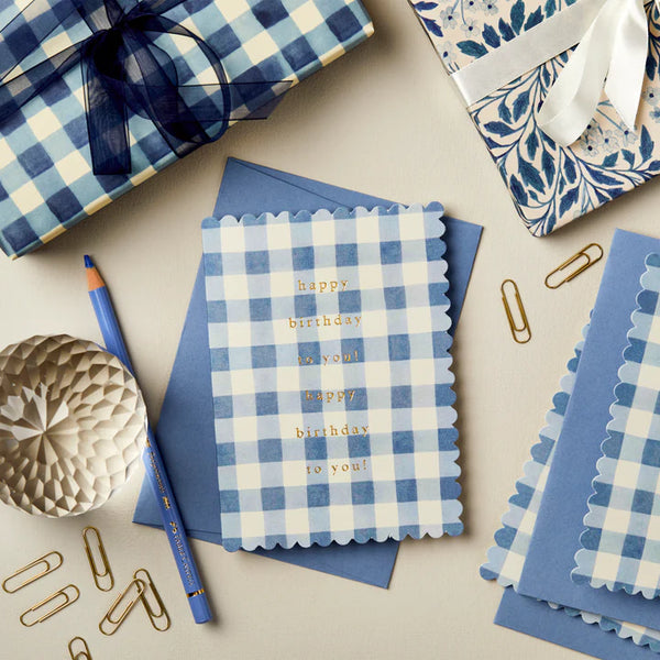 Wanderlust Mid Blue Gingham Happy Birthday Card